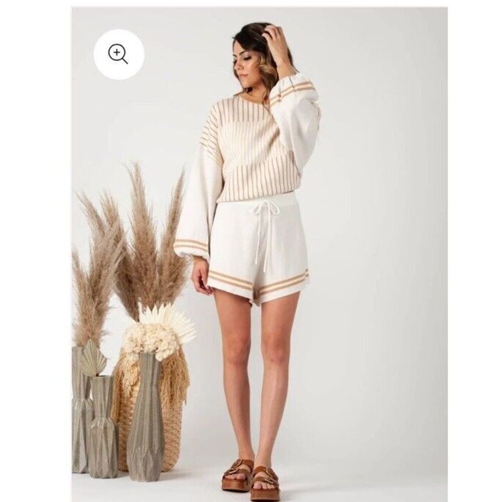 Cozy Cream Stripe Knit Lounge Set - Women's Shorts & Top